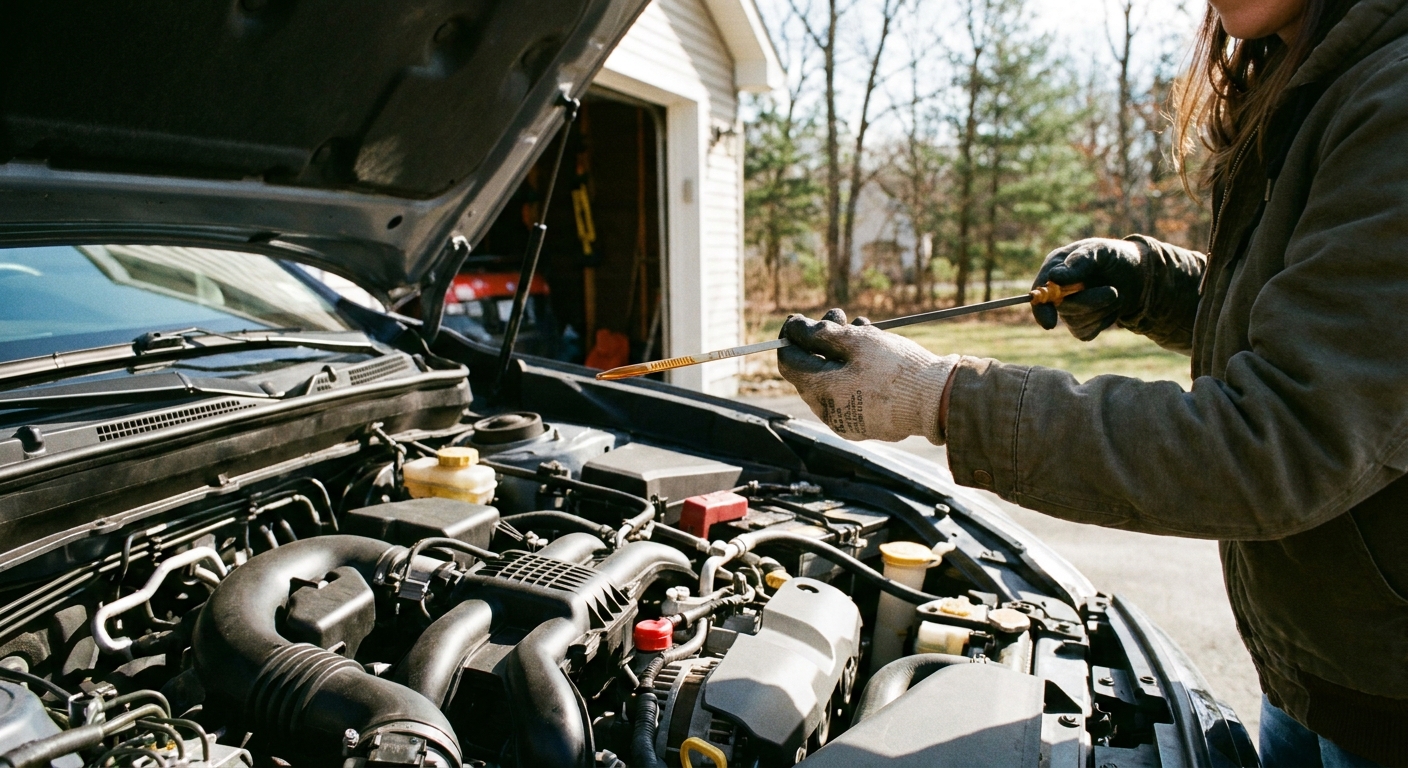 A person holding an engine oil dipstick above an open engine bay in daylight, showing a clean oil level check