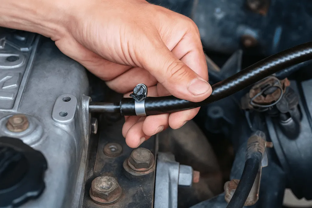 A person inspecting small rubber vacuum hoses in an engine bay near the intake manifold with a flashlight