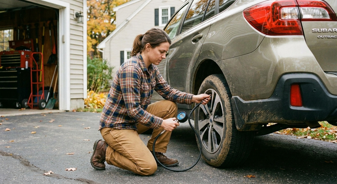 A person kneeling beside a car tire and using a handheld tire pressure gauge on the valve stem in a driveway
