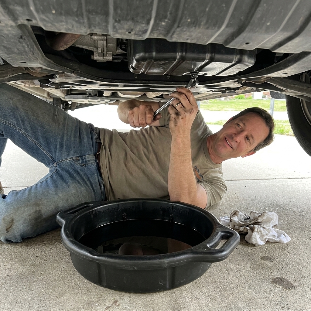 A person performing an oil change with a drain pan under the oil pan and a wrench removing the drain plug in a driveway