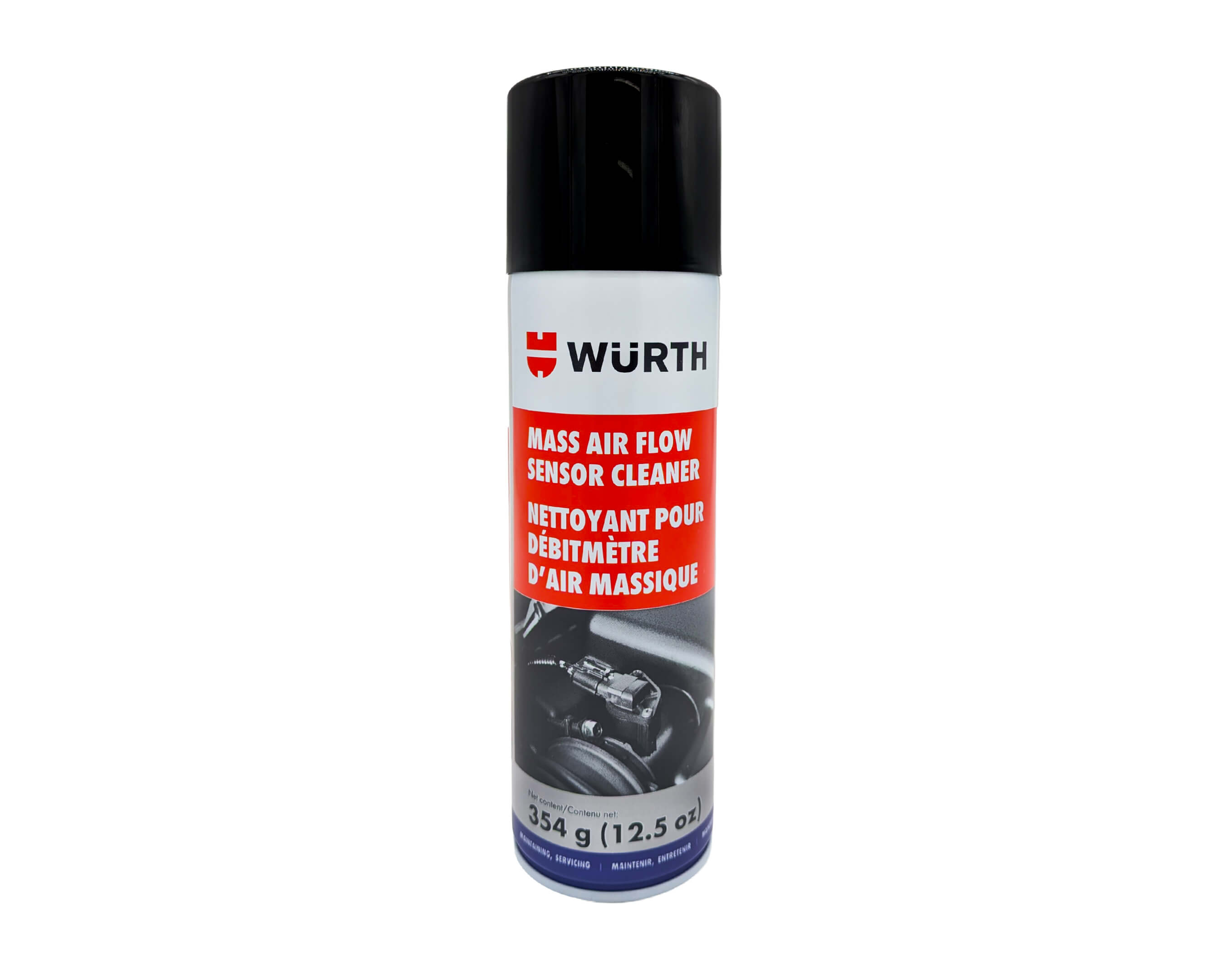 A person spraying mass airflow sensor cleaner onto a removed MAF sensor on a workbench in a garage