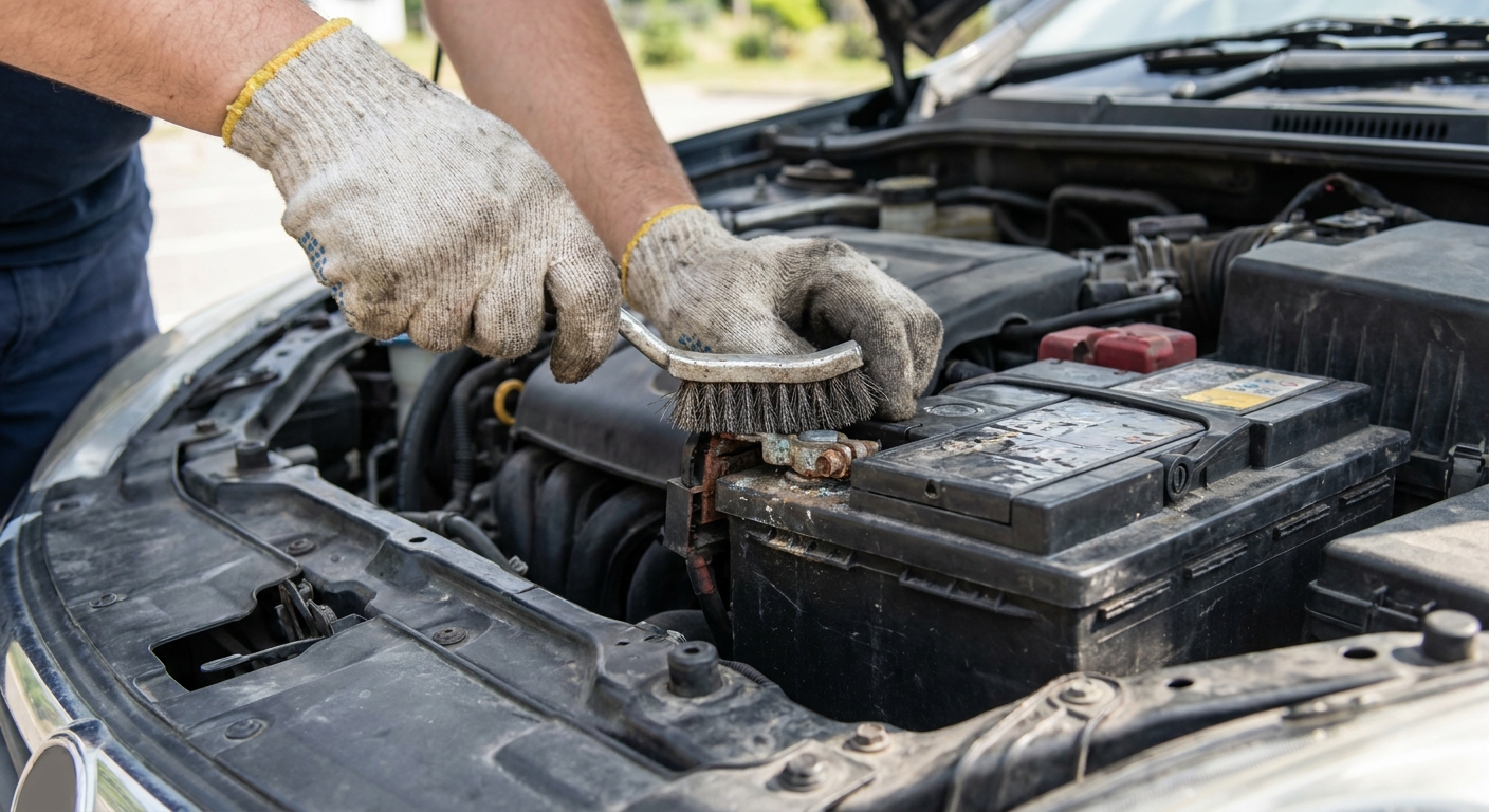 A person wearing gloves using a wire battery terminal brush on a car battery post in an engine bay