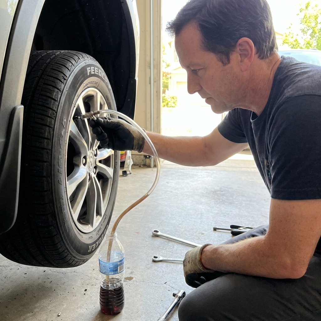 A photo of a clear vinyl hose attached to a brake bleeder screw, leading down into a plastic bottle on the ground