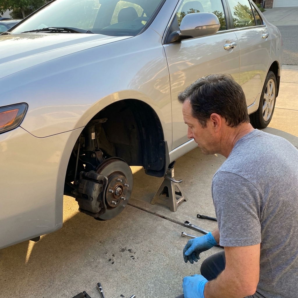 A photo of a sedan safely supported on two jack stands in a driveway with the front wheel removed, showing the brake rotor and caliper
