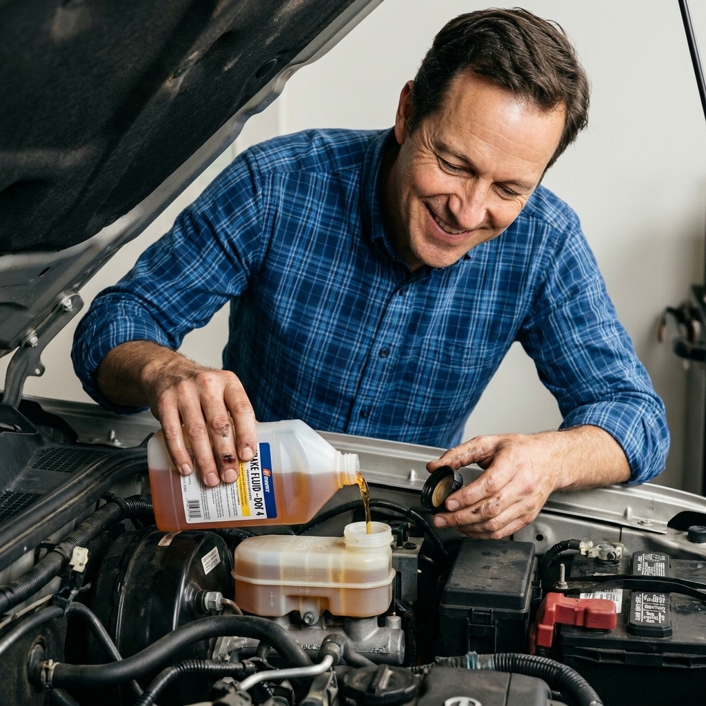 A photo under the hood showing a brake master cylinder reservoir with the cap removed as fresh brake fluid is poured from a sealed container