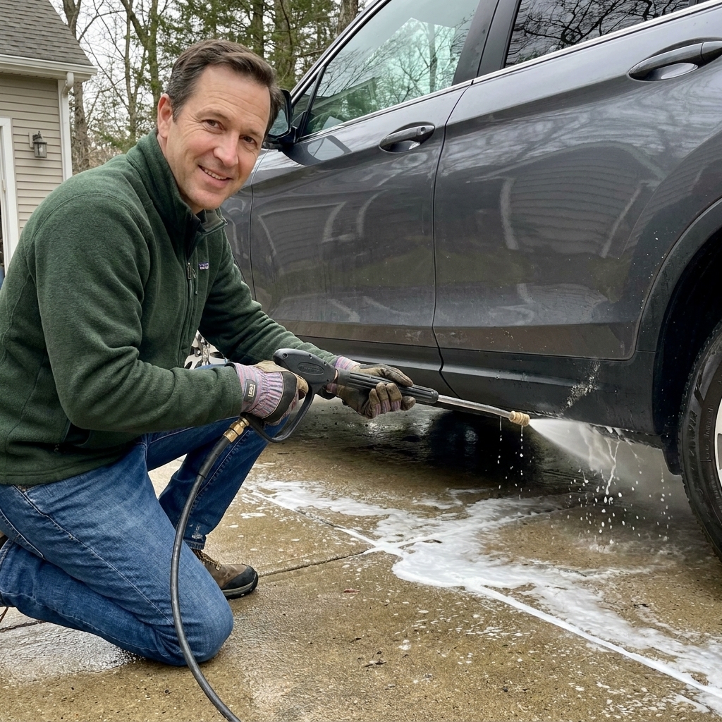 A photograph of a vehicle on a driveway being rinsed underneath with a hose wand to wash away road salt