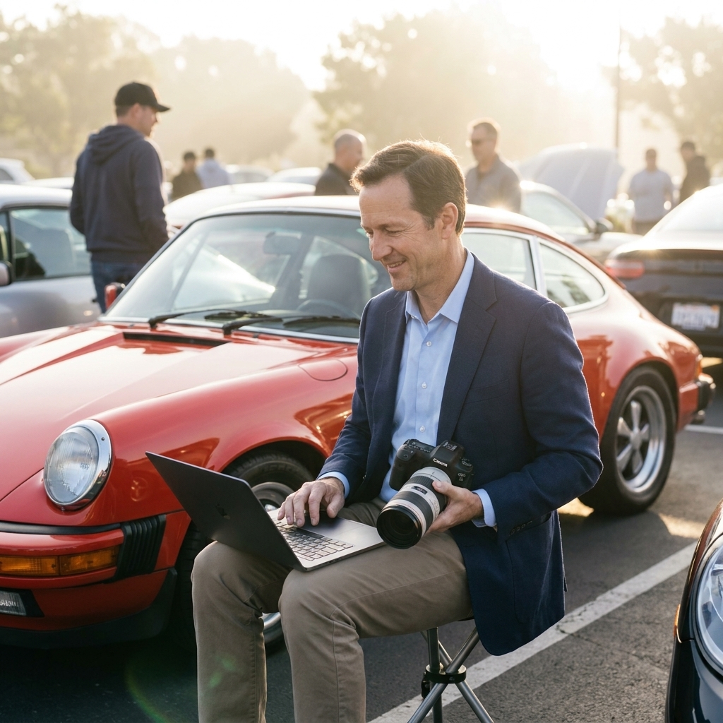 A photographer holding a camera while editing car photos on a laptop at a cars and coffee meet, with a classic sports car parked nearby in soft morning light