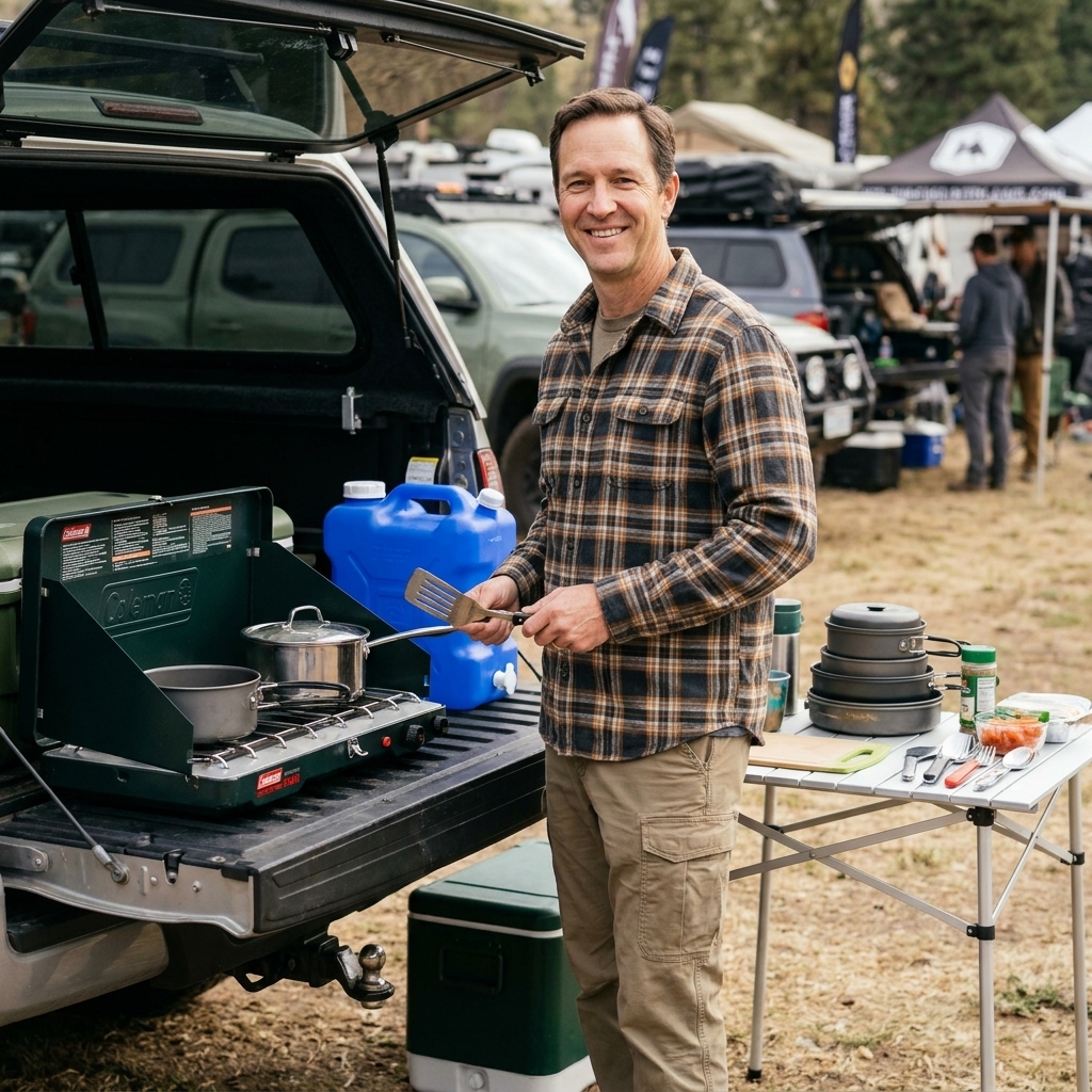 A pickup tailgate camp kitchen setup at an overland event with a two-burner stove, a water jug, a small cooler, and neatly organized cookware on a folding table