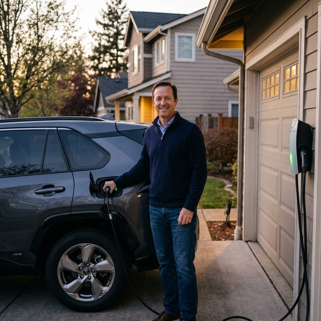 A plug-in hybrid SUV parked in a suburban driveway connected to a home Level 2 charger near a garage at dusk
