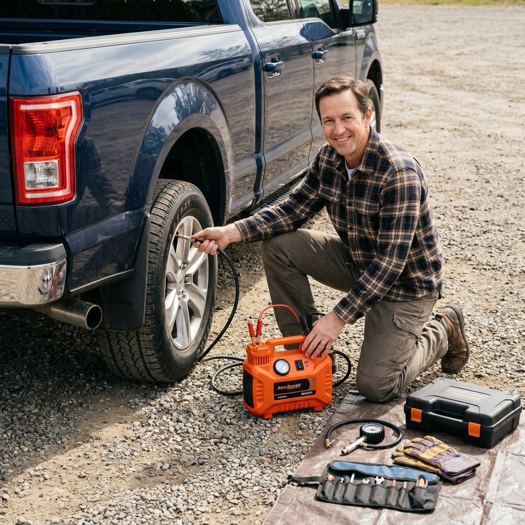 A portable 12-volt air compressor connected to a truck tire on a gravel lot, with the hood closed and gear laid out neatly nearby