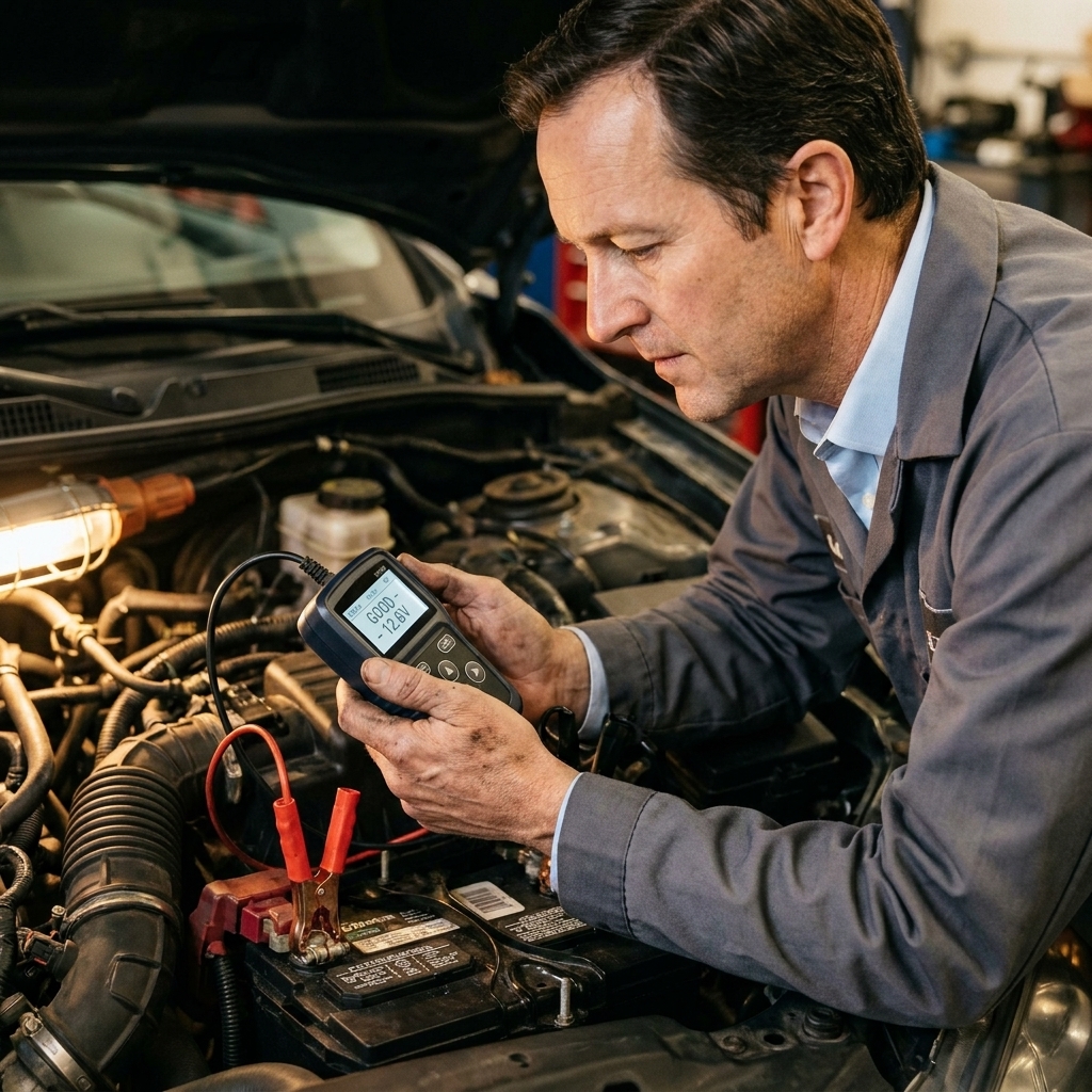 A portable battery tester connected to a car battery in an engine bay, with test leads clipped to the terminals