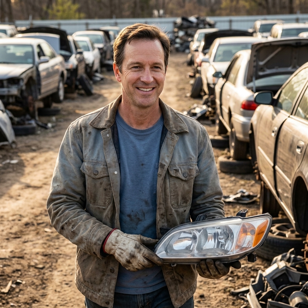 A real outdoor auto salvage yard with rows of vehicles and a worker carrying a removed headlight assembly