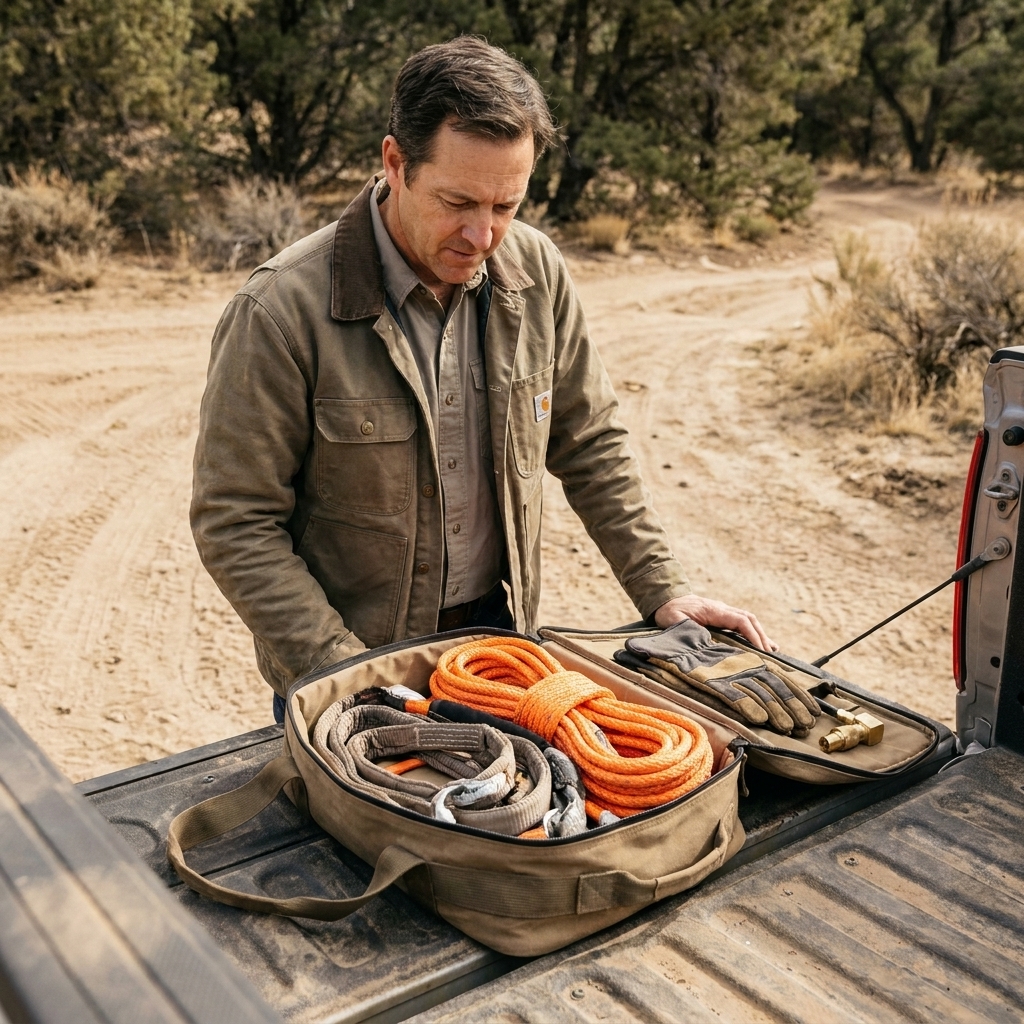 A recovery gear bag laid open on a tailgate showing a kinetic recovery rope, soft shackles, gloves, and a tire deflator on a dusty outdoor trailhead