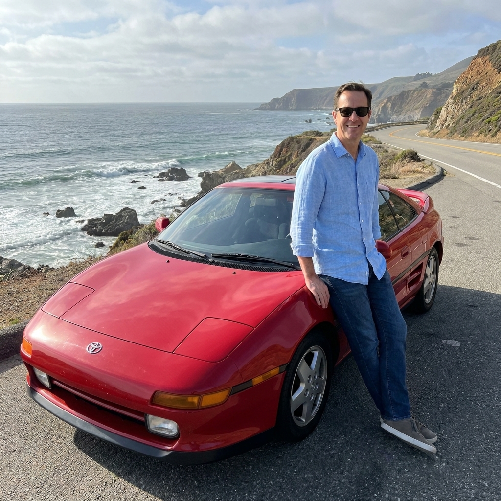 A red Toyota MR2 SW20 parked on a coastal road, showing its low mid-engine sports car profile