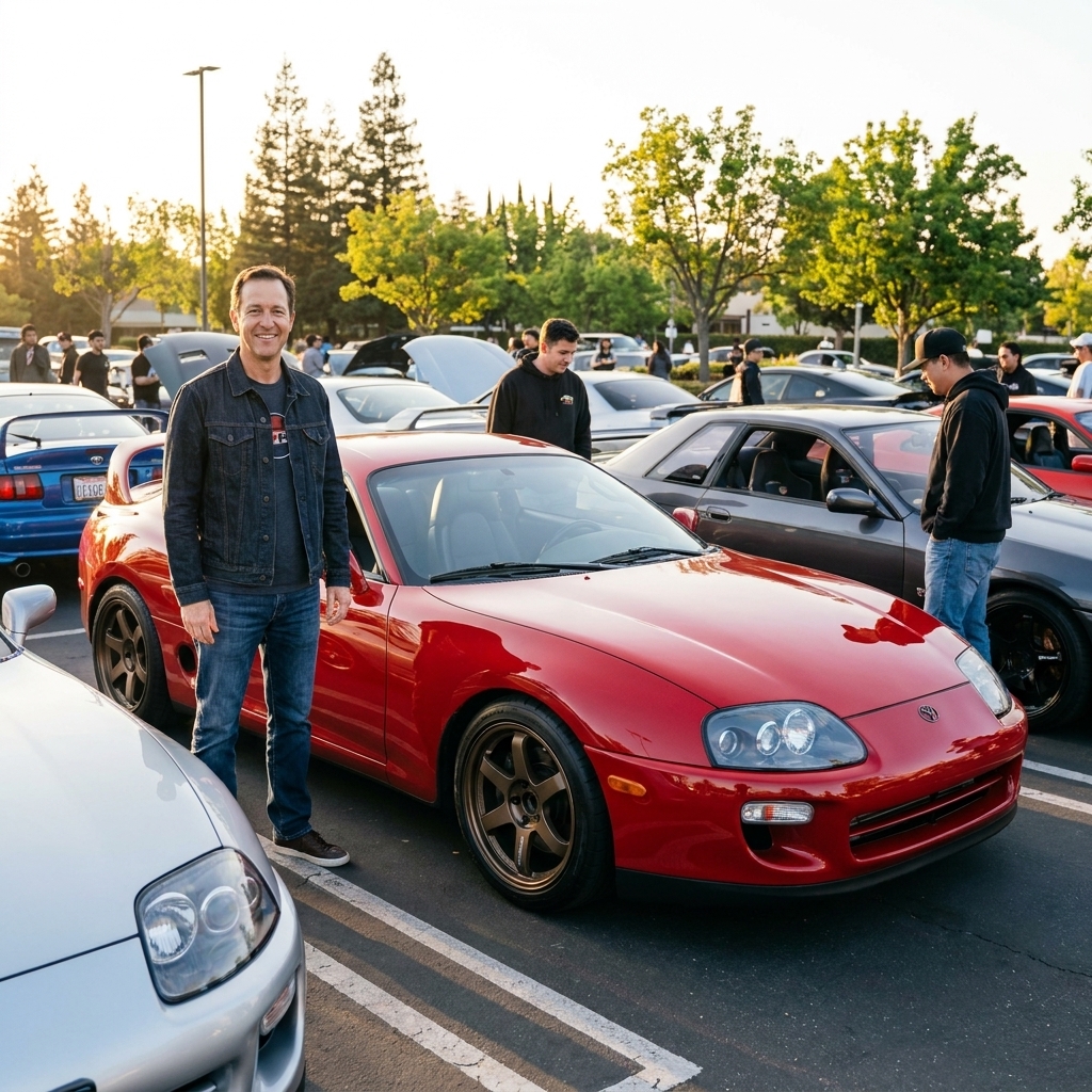 A red Toyota Supra Mk4 parked at an outdoor meet with factory-style body lines and aftermarket wheels