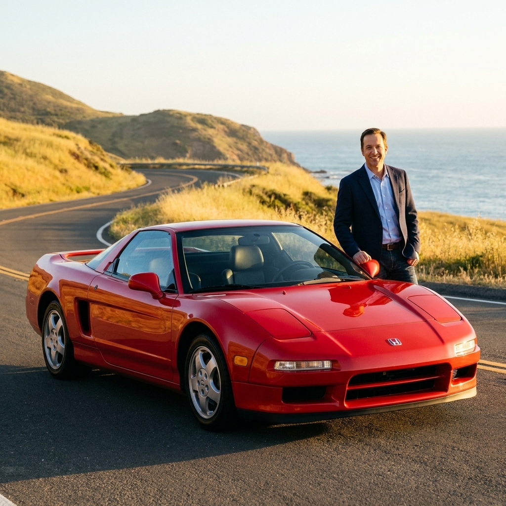 A red first-generation Honda NSX on a scenic road, showing its low wedge shape and 1990s styling