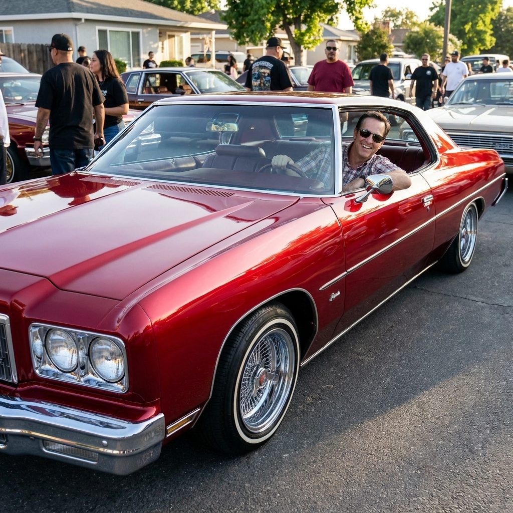 A restored 1970s Chevrolet Impala lowrider parked at a neighborhood meet, sitting low with wire wheels, whitewall tires, and a glossy candy paint finish