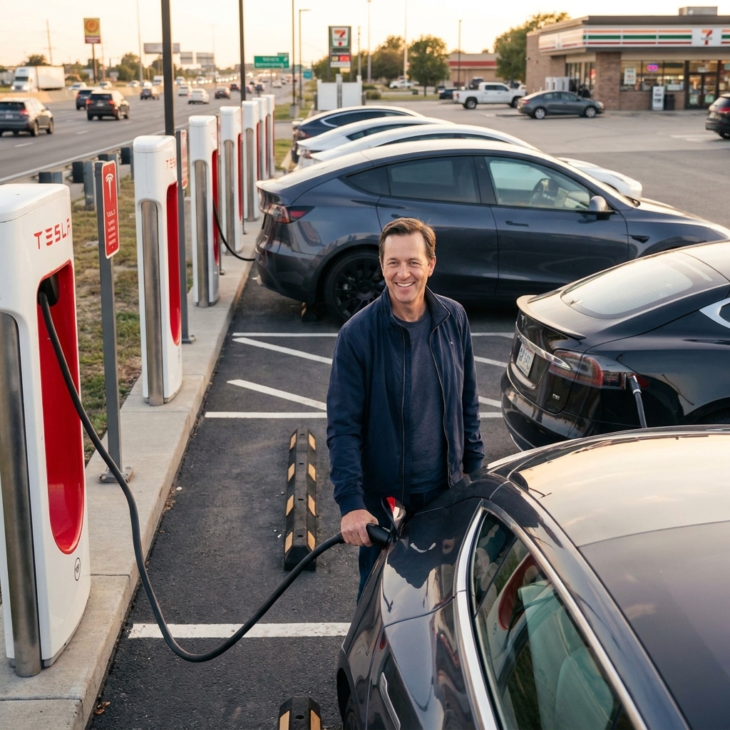 A row of Tesla Supercharger stalls at a highway charging plaza with several electric vehicles plugged in