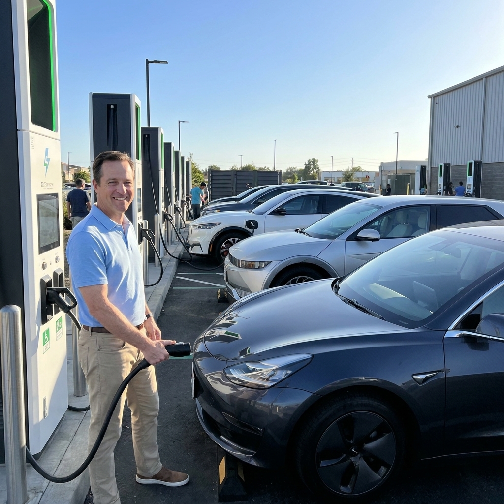 A row of public DC fast chargers at a large station, with several electric cars plugged in during a clear afternoon
