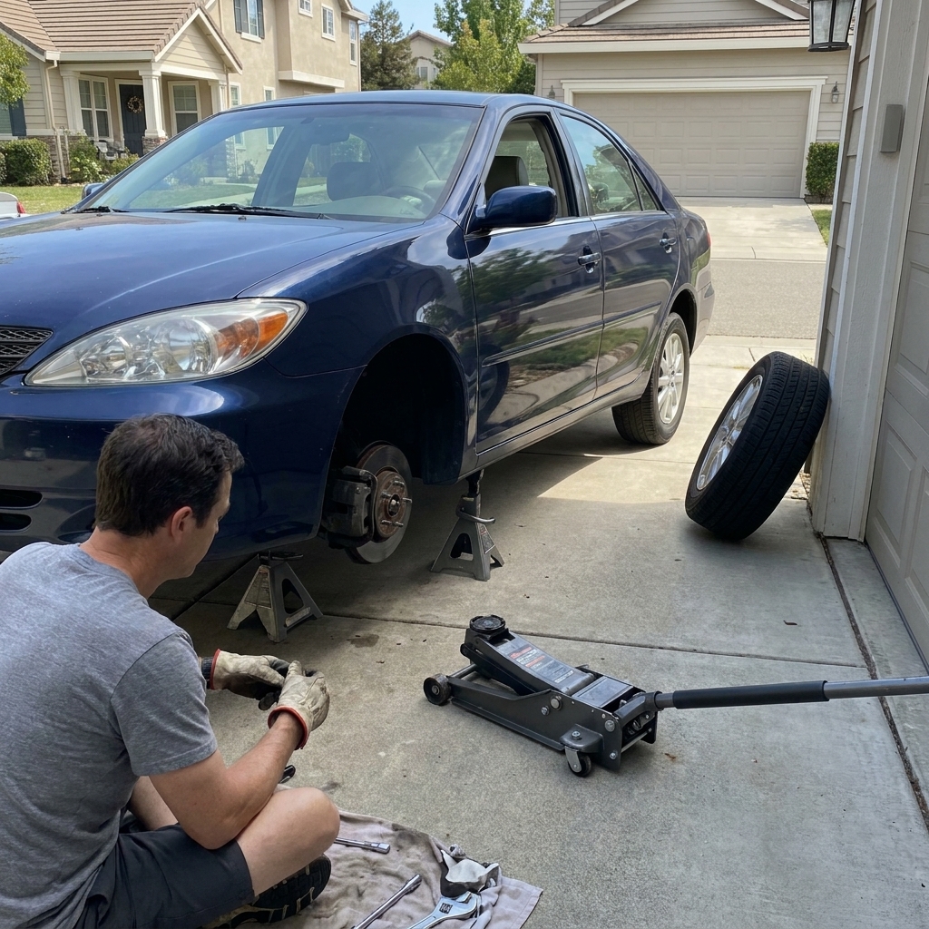 A sedan safely supported on two jack stands in a residential driveway with the front wheel removed and a floor jack lowered away from the lift point