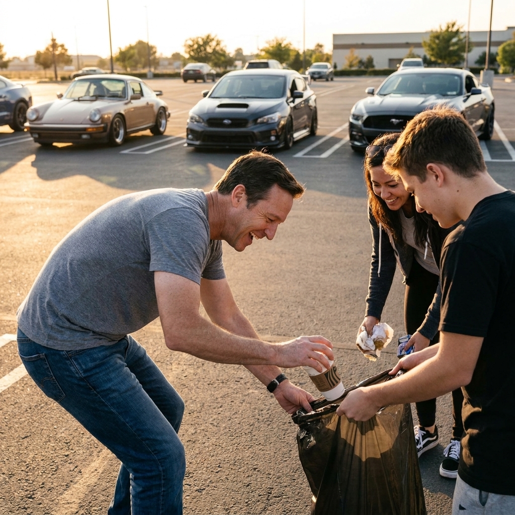 A small group of car enthusiasts picking up cups and trash near parked cars at the end of a meet in a parking lot
