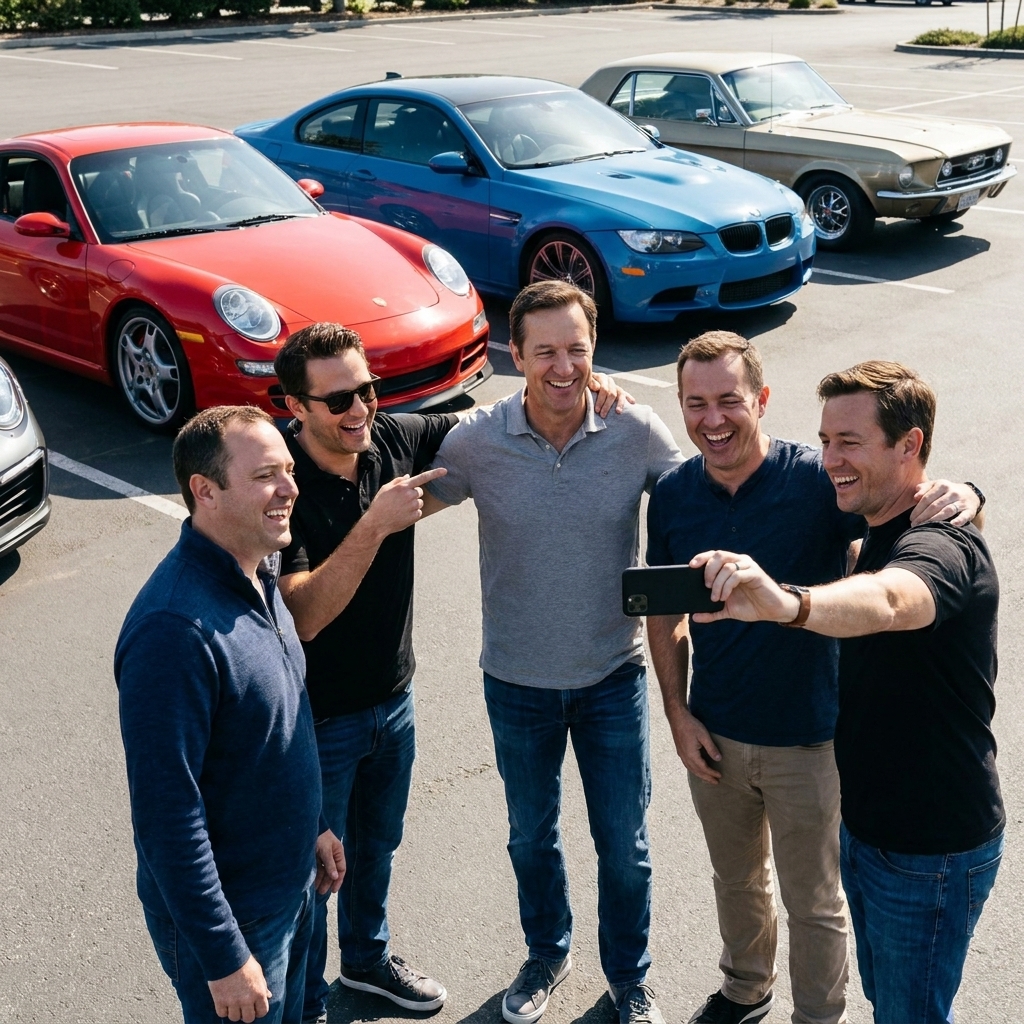 A small group of drivers gathered around a row of parked enthusiast cars, chatting and taking a casual group photo in a clean parking lot