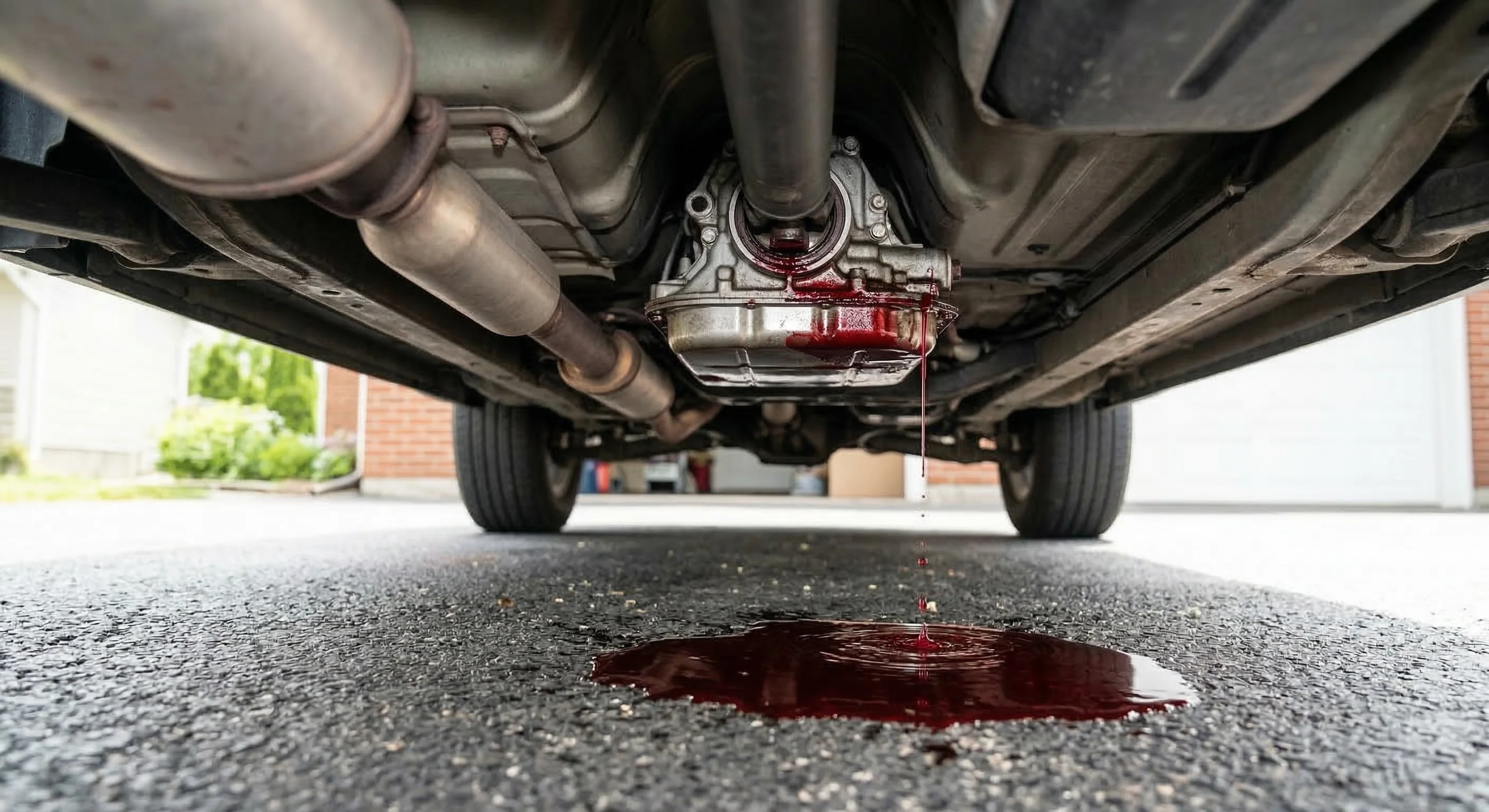 A small red fluid spot under the front of a car on a concrete driveway, suggesting a possible transmission fluid leak