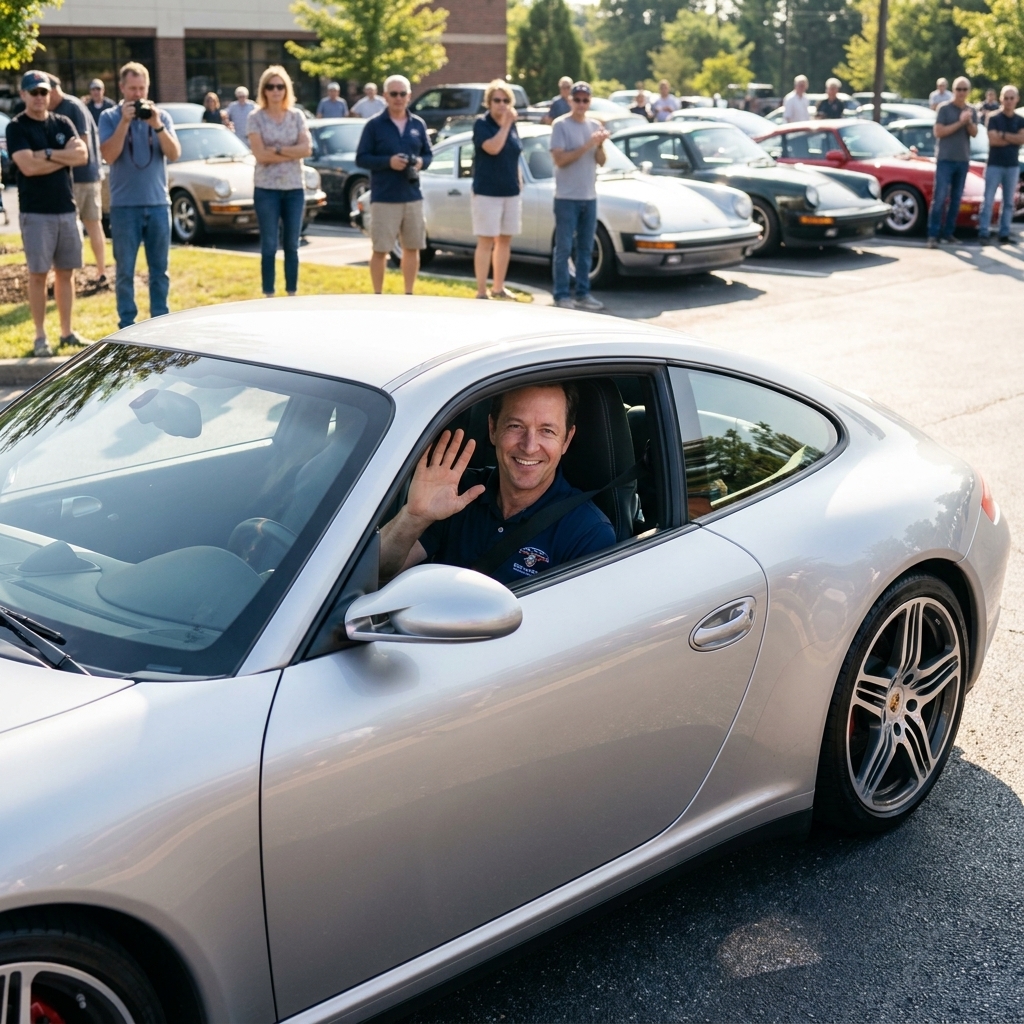 A sports car calmly exiting a parking lot car meet while spectators stand back on the sidewalk giving the driver space