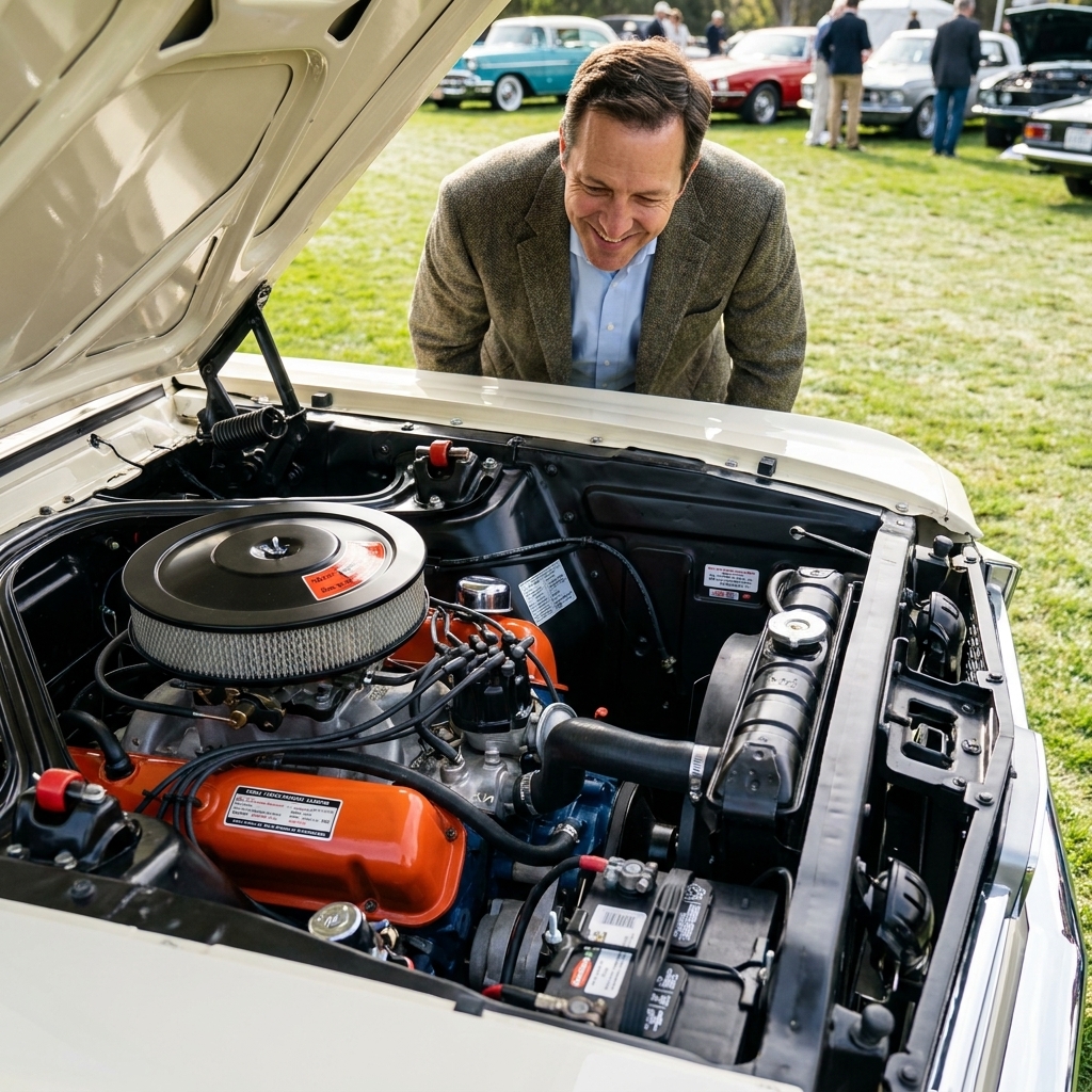 A spotless classic car engine bay restored with factory-correct finishes, clamps, and decals, photographed outdoors at a concours event
