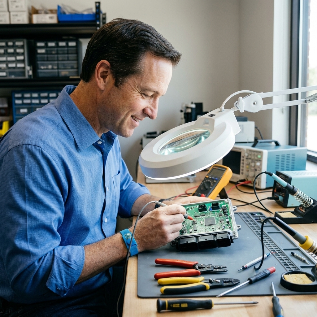 A technician at an electronics repair bench inspecting an automotive control module with tools and a magnifying lamp