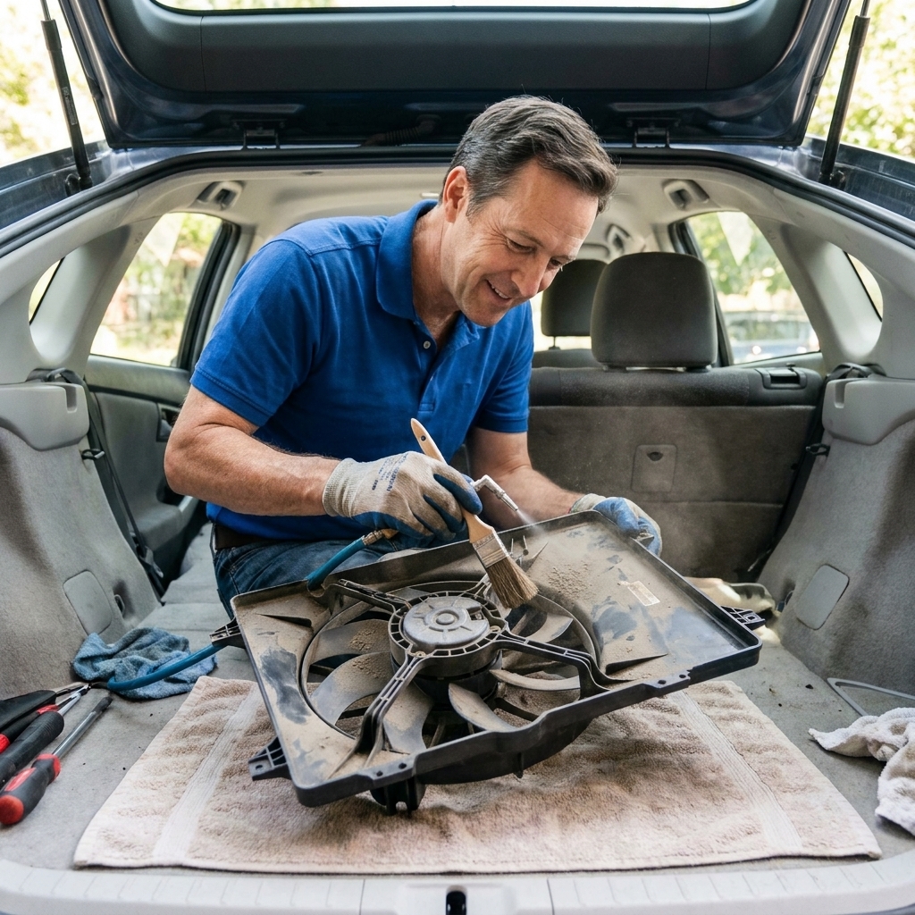 A technician cleaning a hybrid battery cooling fan assembly removed from the rear interior area, with dust visible on the fan blades.