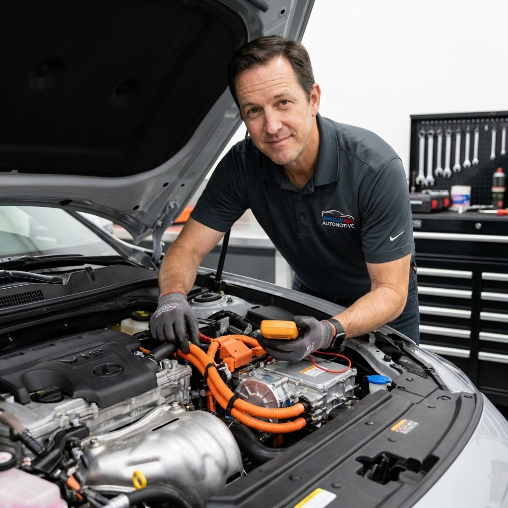 A technician inspecting a modern hybrid performance engine bay with orange high-voltage cables and compact electric components visible