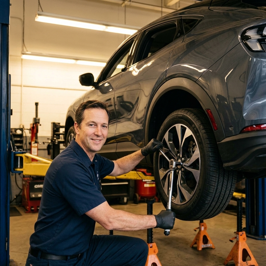A technician rotating a tire on a lifted electric crossover in a service bay with a torque wrench and jack stands visible