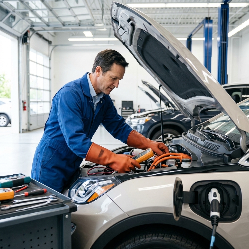A technician wearing insulated gloves working under the hood of an electric vehicle in a service bay with a charge port visible