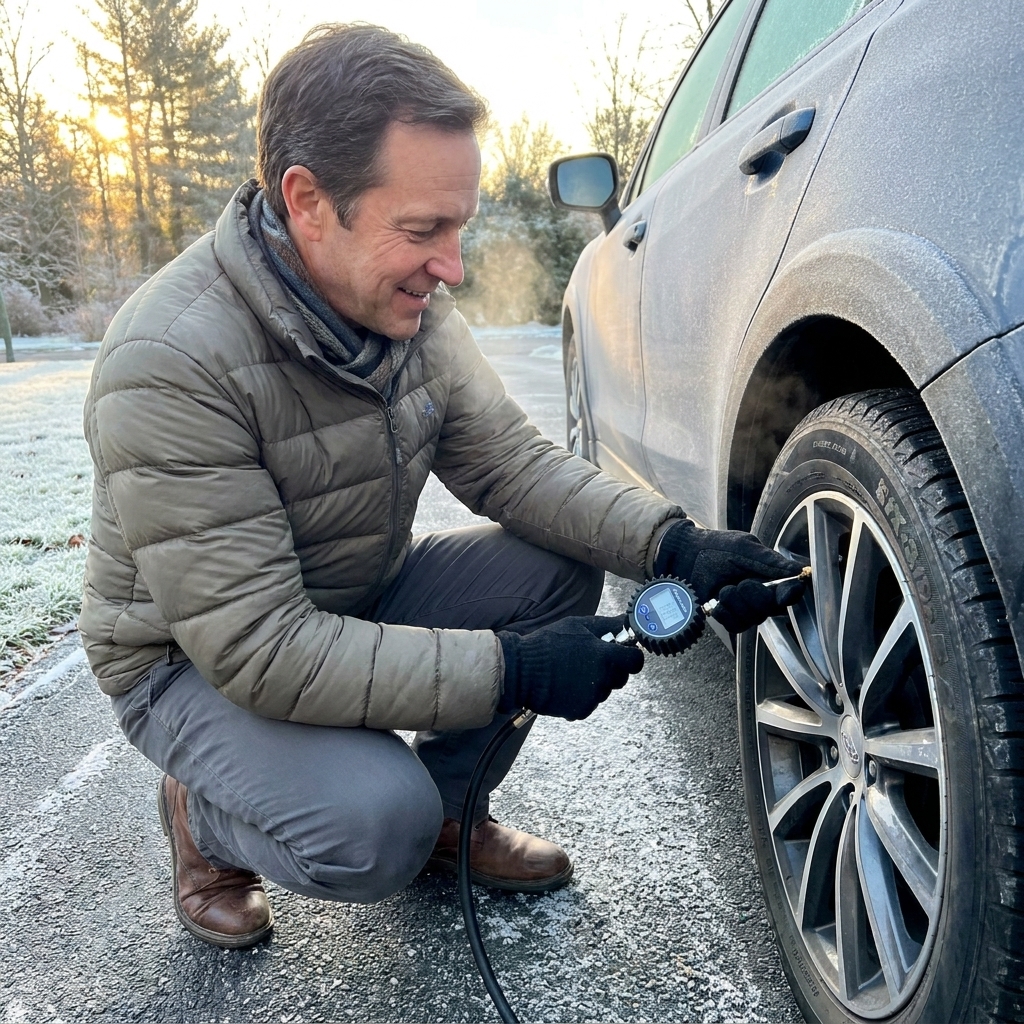 A tire pressure gauge being used on a wheel outdoors on a cold morning, with light frost on the pavement