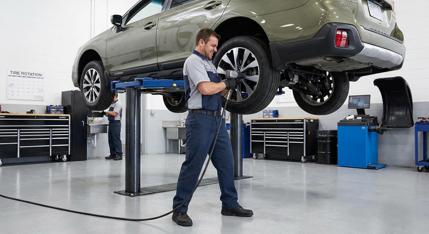 A tire technician lifting a vehicle on a hoist while removing a wheel for a tire rotation in a clean service bay