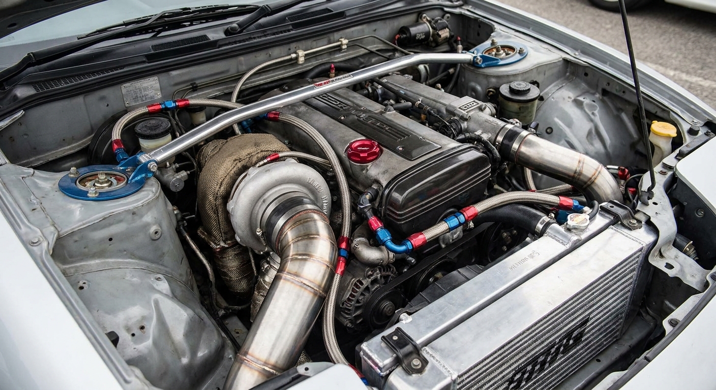 A turbocharged four-cylinder engine bay with the oil fill cap and turbo plumbing visible under the hood