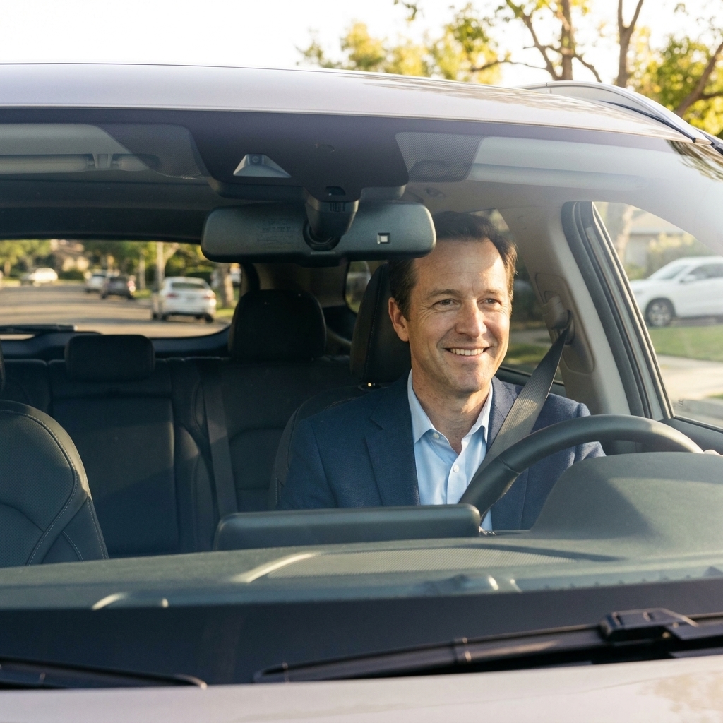 A view through the windshield of a modern SUV showing the forward-facing camera module near the rearview mirror