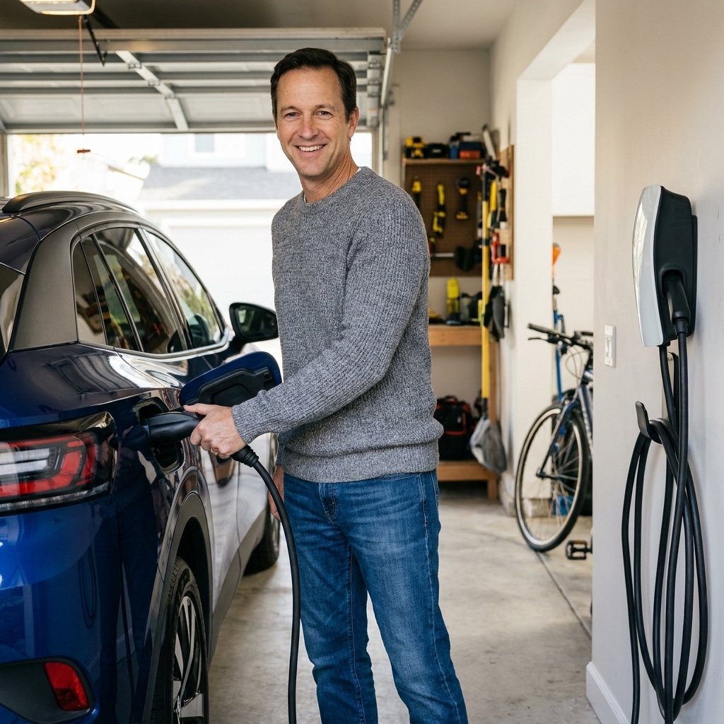 A wall-mounted home Level 2 EV charger with a cable plugged into an electric vehicle in a residential garage