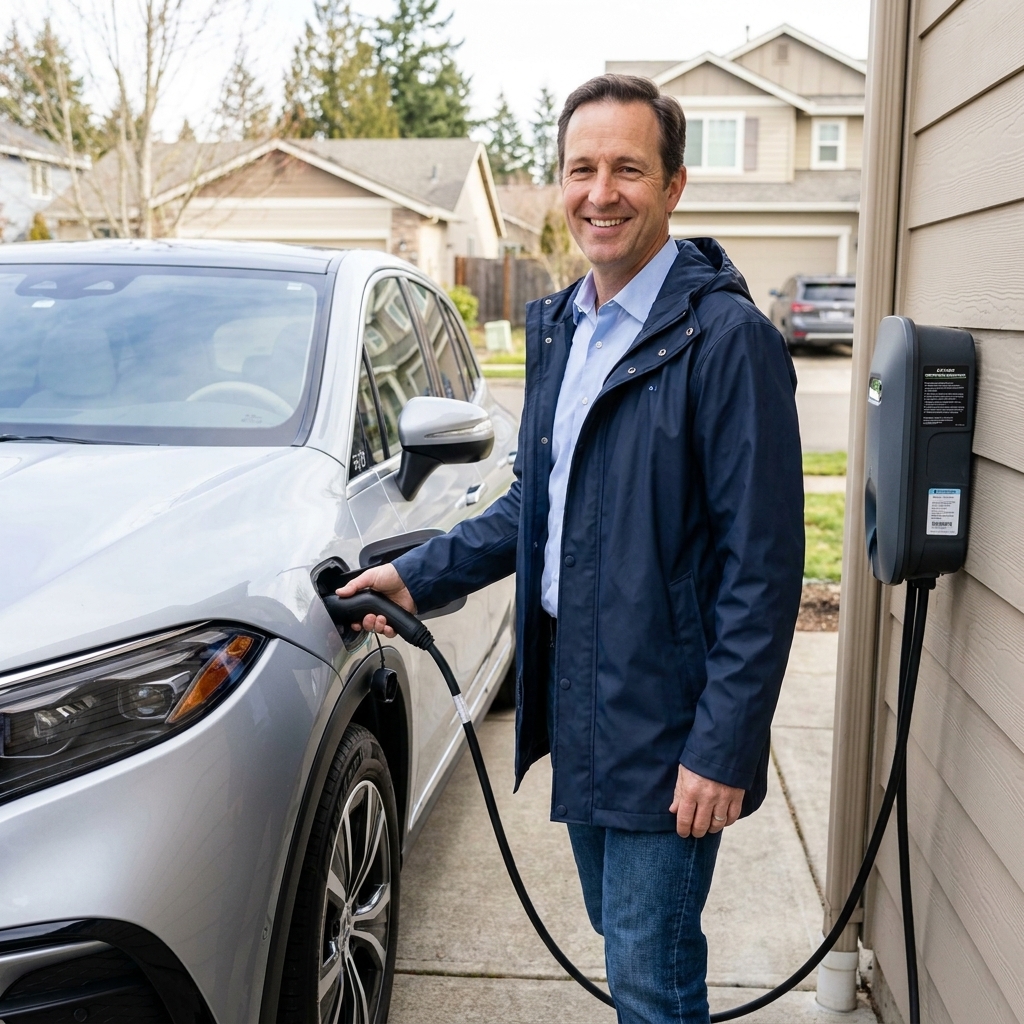 A weather-rated Level 2 EV charger mounted on an exterior wall beside a residential driveway, with an electric vehicle plugged in during daylight