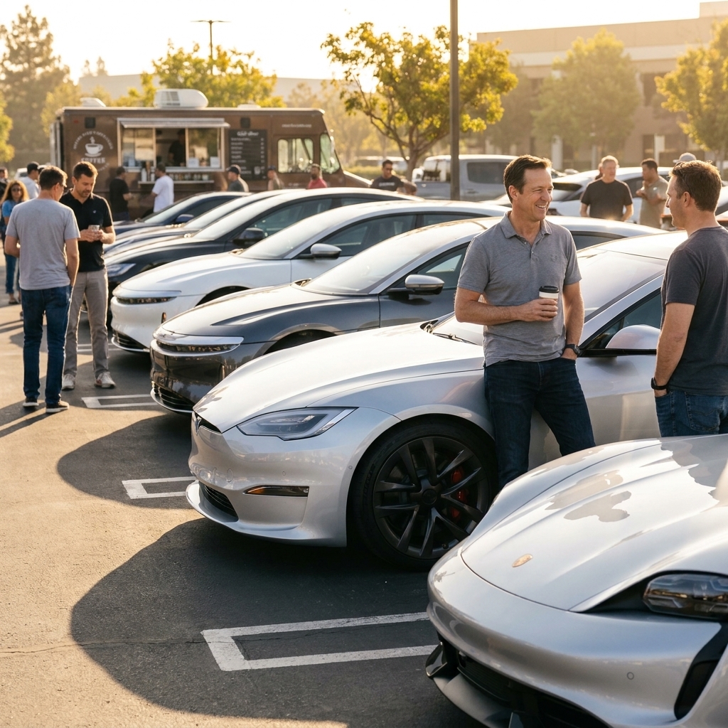 A weekend cars and coffee meet with several electric vehicles parked in rows while owners chat beside them in morning light