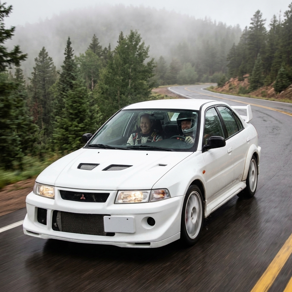 A white Mitsubishi Lancer Evolution VI on a damp mountain road with rally-inspired bodywork and a prominent rear wing