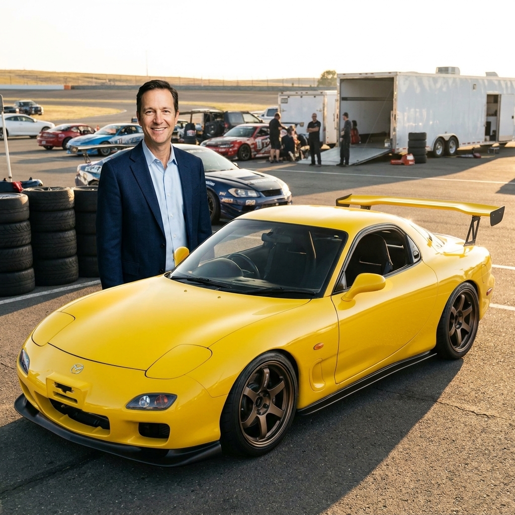 A yellow Mazda RX-7 FD3S near a track paddock with a lowered stance and clean bodywork