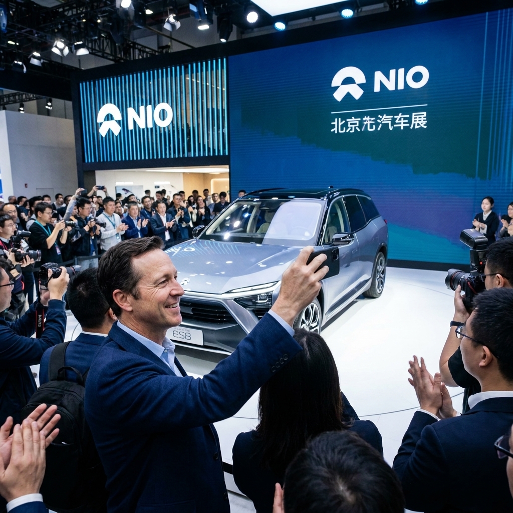 An electric SUV being unveiled at the Beijing auto show with a crowd of attendees filming on smartphones and a large brand backdrop behind the vehicle