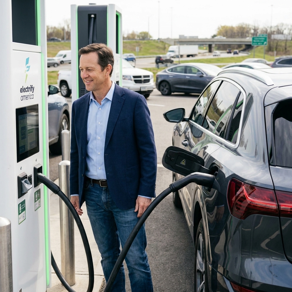 An electric vehicle connected to an Electrify America DC fast charger at a highway charging plaza