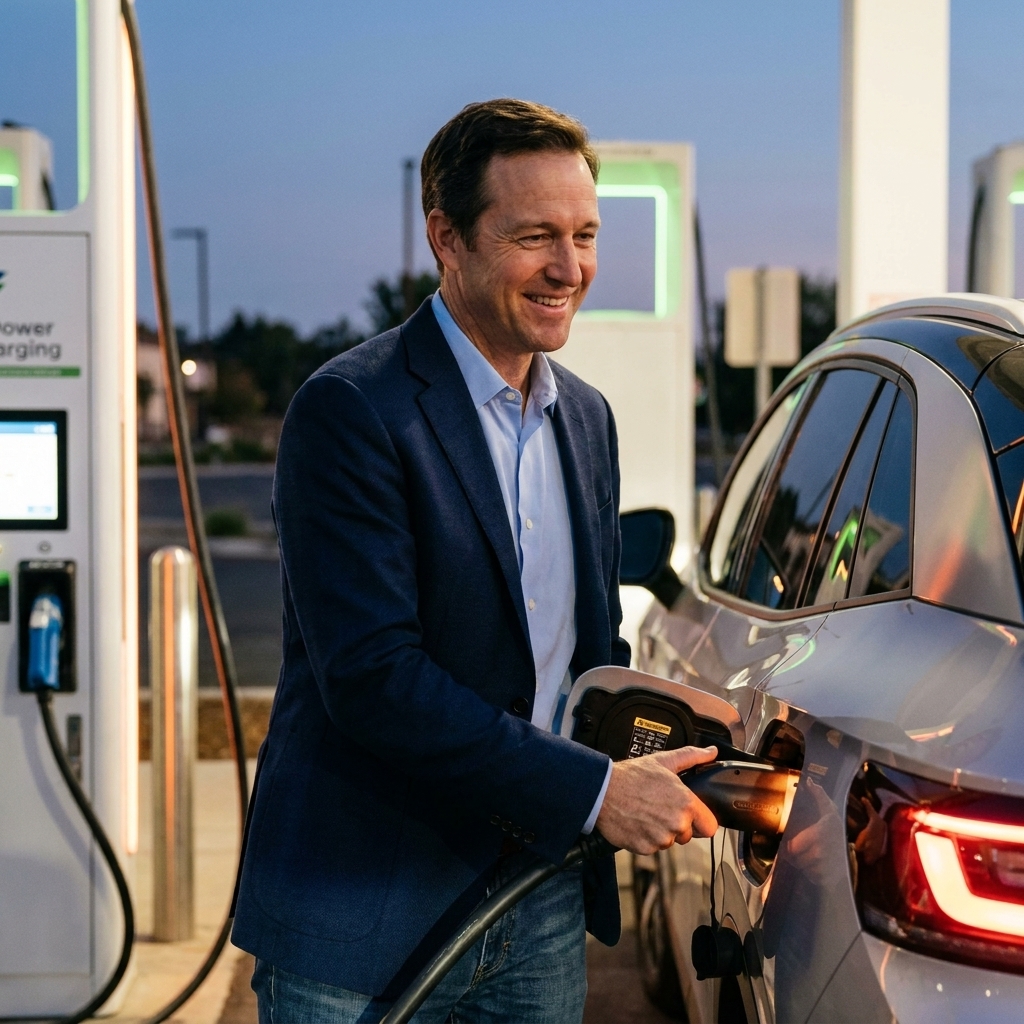 An electric vehicle is plugged into a high-power fast charging station at dusk, with the charging cable connected and the station lights glowing