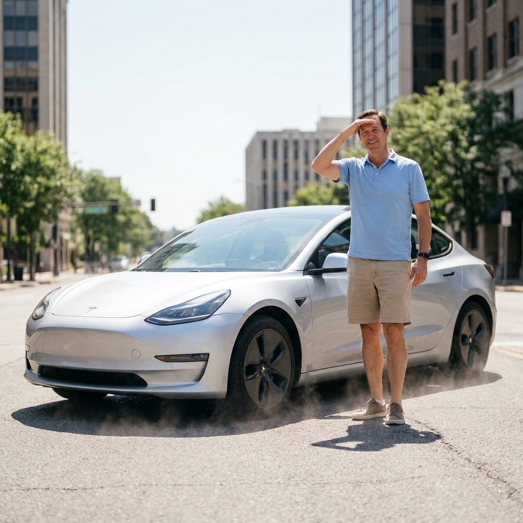 An electric vehicle parked outdoors in direct summer sunlight with heat shimmer on the pavement, realistic street photography