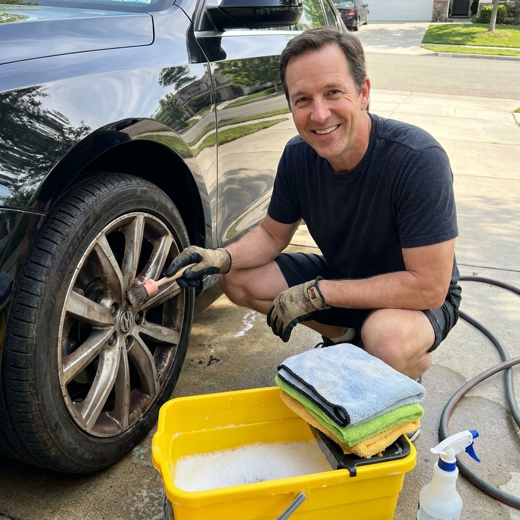 An enthusiast cleaning an alloy wheel with a soft detailing brush beside a bucket and microfiber towels in a driveway