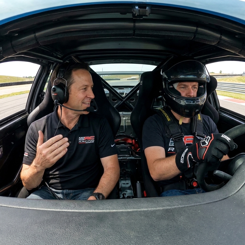 An in-car view of a driving instructor in the passenger seat coaching a driver wearing a helmet during an HPDE session