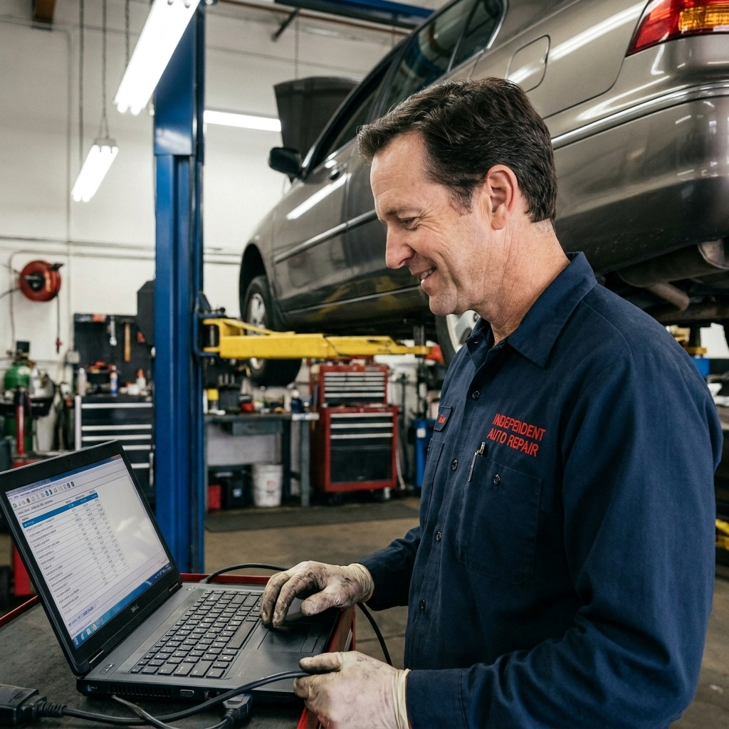An independent auto repair shop technician using a laptop-based scan tool next to a vehicle on a lift